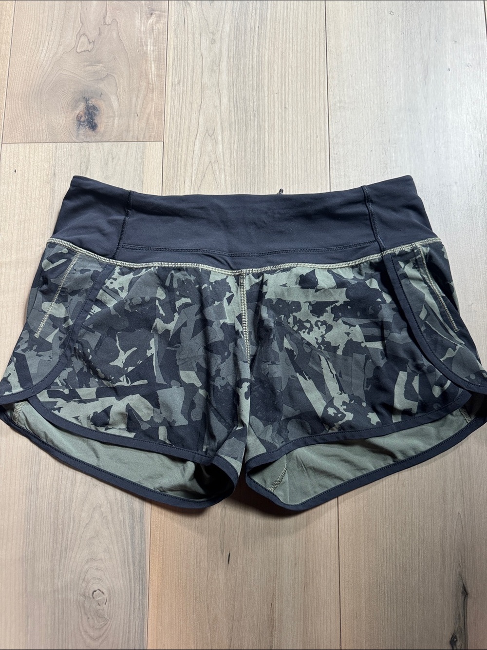 lululemon athletica Olive Camo Athletic Shorts with Black Waistband